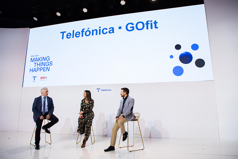From left to right, Manuel Estébanez, CIO of GOfit; Esther Cardenal, Senior Product Manager of IoT and Big Data at Telefónica Tech and Sergio Sellers, Product Manager of Computer Vision at Telefónica España, at the presentation of the wellness centre of the future