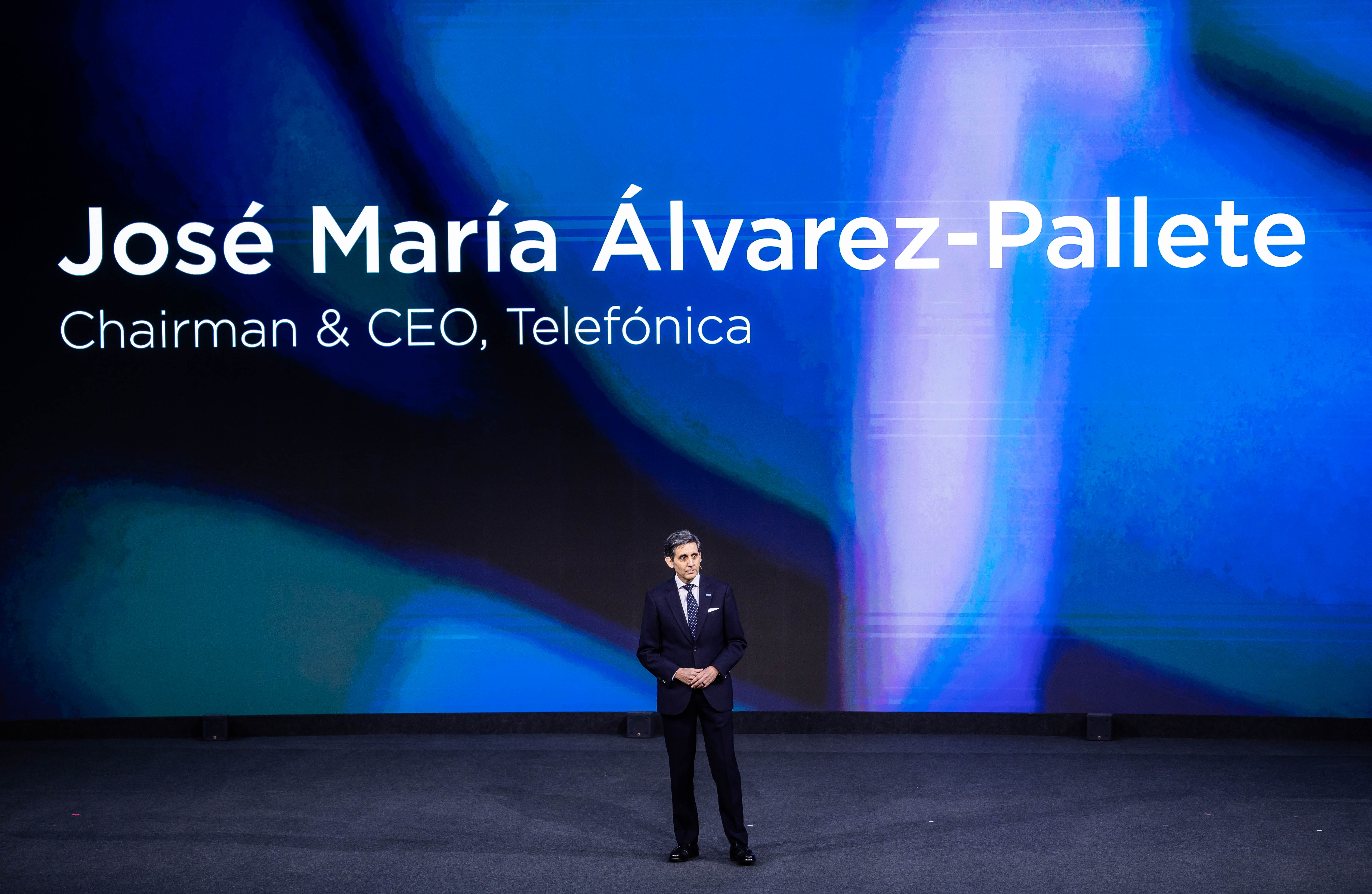 Telefónica and GSMA Chairman, José María Álvarez-Pallete, speaking at the opening session of the MWC24