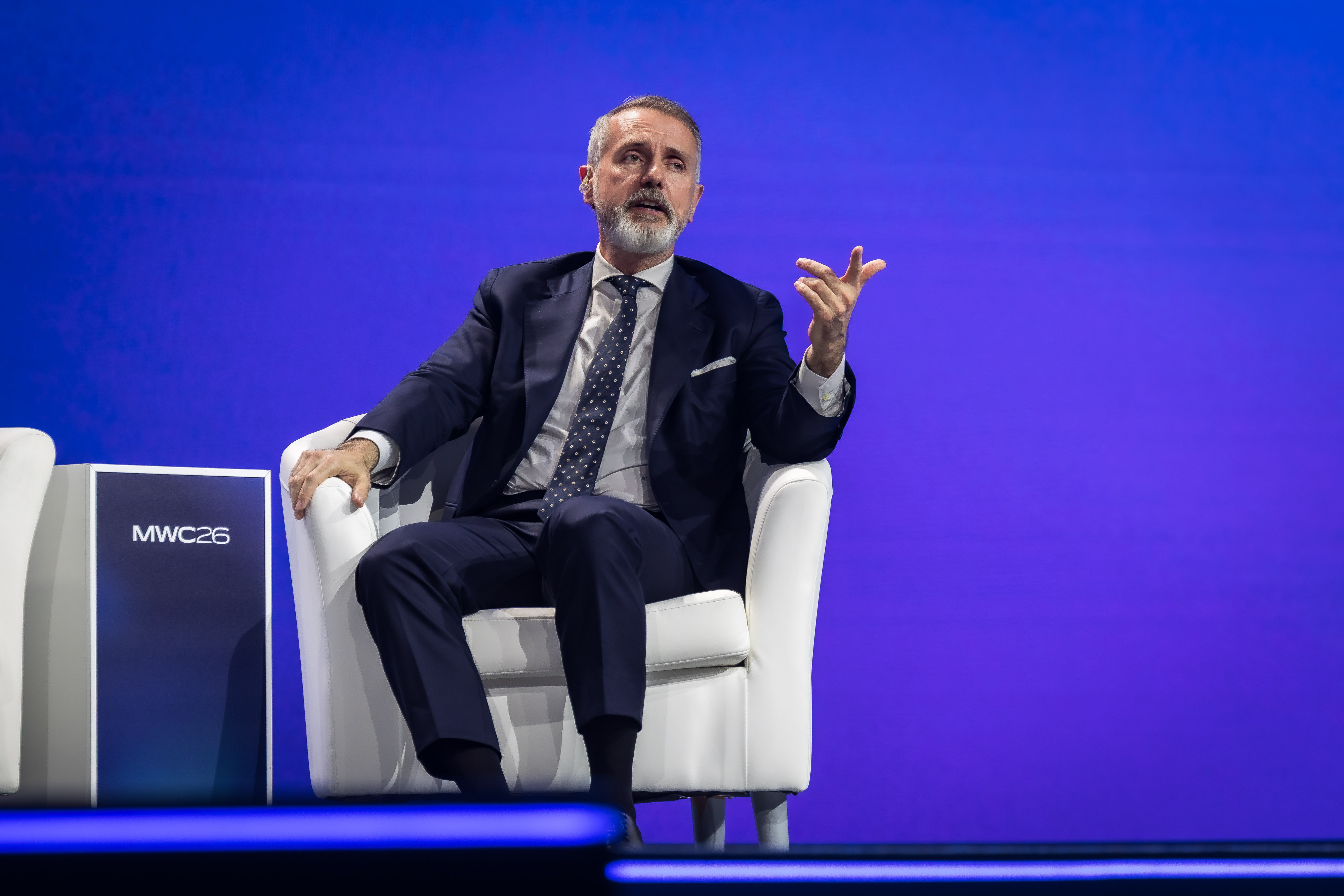 Marc Murtra, Executive Chairman of Telefónica, during his speech at the round table on technological sovereignty for Europe at MWC26.