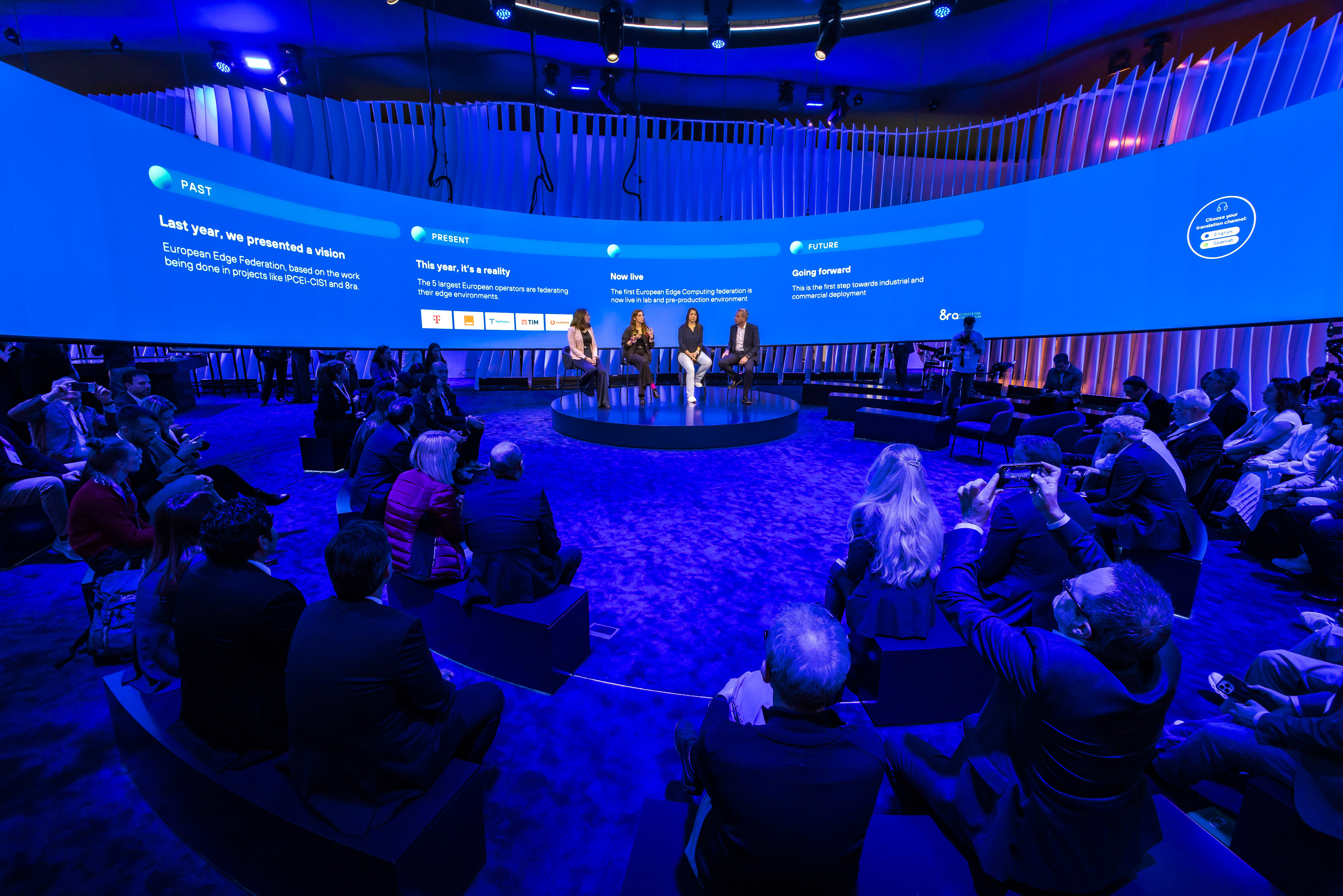 At MWC26, Telefónica's stand presented a use case for the European Edge Cloud Continuum that highlights the power of collaboration between operators as a key element in accelerating the creation of a European Edge ecosystem that is open, federated and aligned with the principles of digital sovereignty. From left to right: Cristina Santana, Manager of Edge Platforms in CTIO, Telefónica; Lara Grohe, Programme Management IPCEI CIS/8th, Deutsche Telekom; María Concetta Carnuccio, Manager New Services Application, Vodafone; and Roberto Procopio, Head of Technology Innovation, Telecom Italia Mobile.