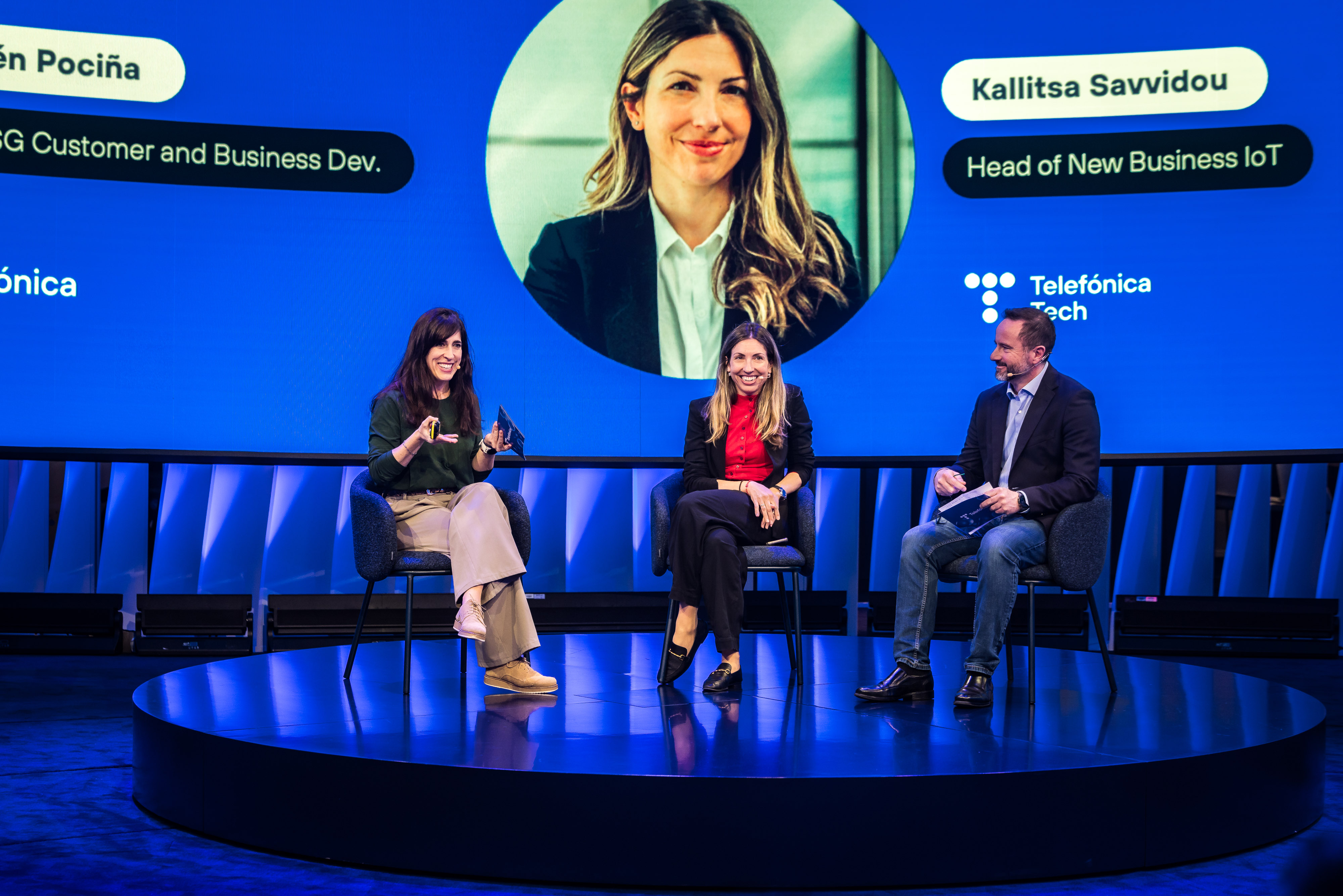 A round table discussion on ‘Marine sustainability in action: IoT, 5G, and aquatic drones against waste and microplastics’ was held at Telefónica's Agora at MWC26. The participants, from left to right, were Ana Belén Pociña, Head of ESG Customer and Business Development at Telefónica; Kallitsa Savvidou, Head of New Business IoT, Telefónica Tech; and Jorge Marcos Martínez, Head of Opentop, Fundación Valenciaport.