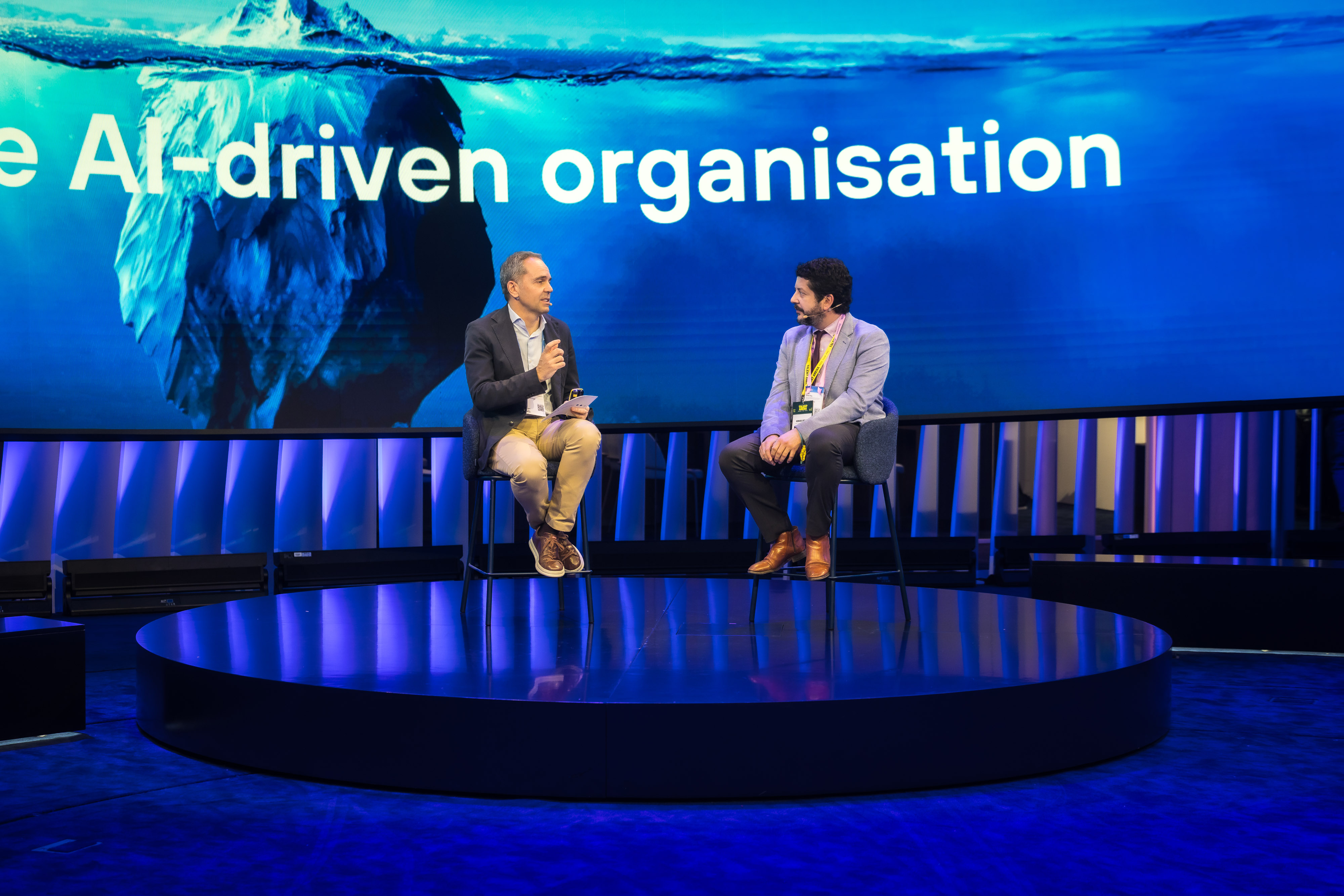 Presentation at Telefónica's stand at MWC26 on “The AI-Driven Organisation: enabling the potential of AI” with Carlos Martínez, AI & Data Director at Telefónica Tech, and Ignasi Belda, Director of the DELTA department at the Bank of Spain.