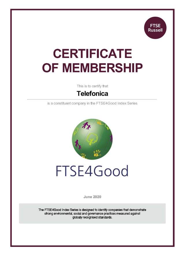 Telefónica revalidates its presence in the FTSE4good sustainability index of the London Stock Exchange