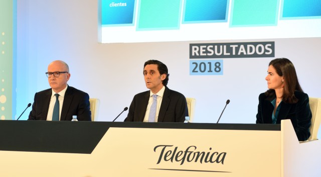 From left to right: Ángel Vilá, Chief Operating Officer of Telefónica; José María Álvarez-Pallete, Executive Chairman, Telefónica; and Laura Abasolo, Chief Finance and Control Officer, Telefónica at the presentation of Financial Results January-December 2018