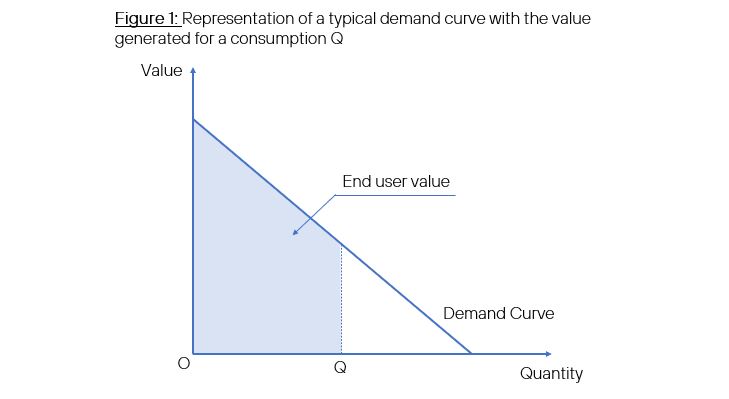 Figure 1: Representation of a typical demand curve with the value generated for a consumption Q  