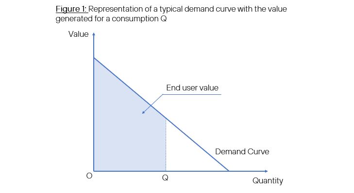 Figure 1: Representation of a typical demand curve with the value generated for a consumption Q