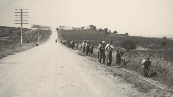Barcelona Valls interurban cable. Filling and tamping of trench at km 26.