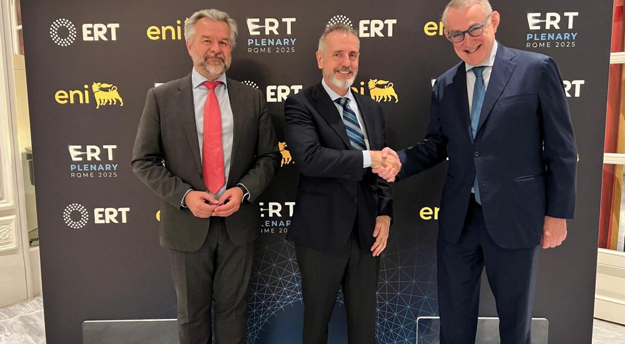 Marc Murtra, executive chairman of Telefónica, in the center with ERT President Jean-François van Boxmeer, on the right of the picture, and ERT Secretary General Anthony Gooch, on the left.