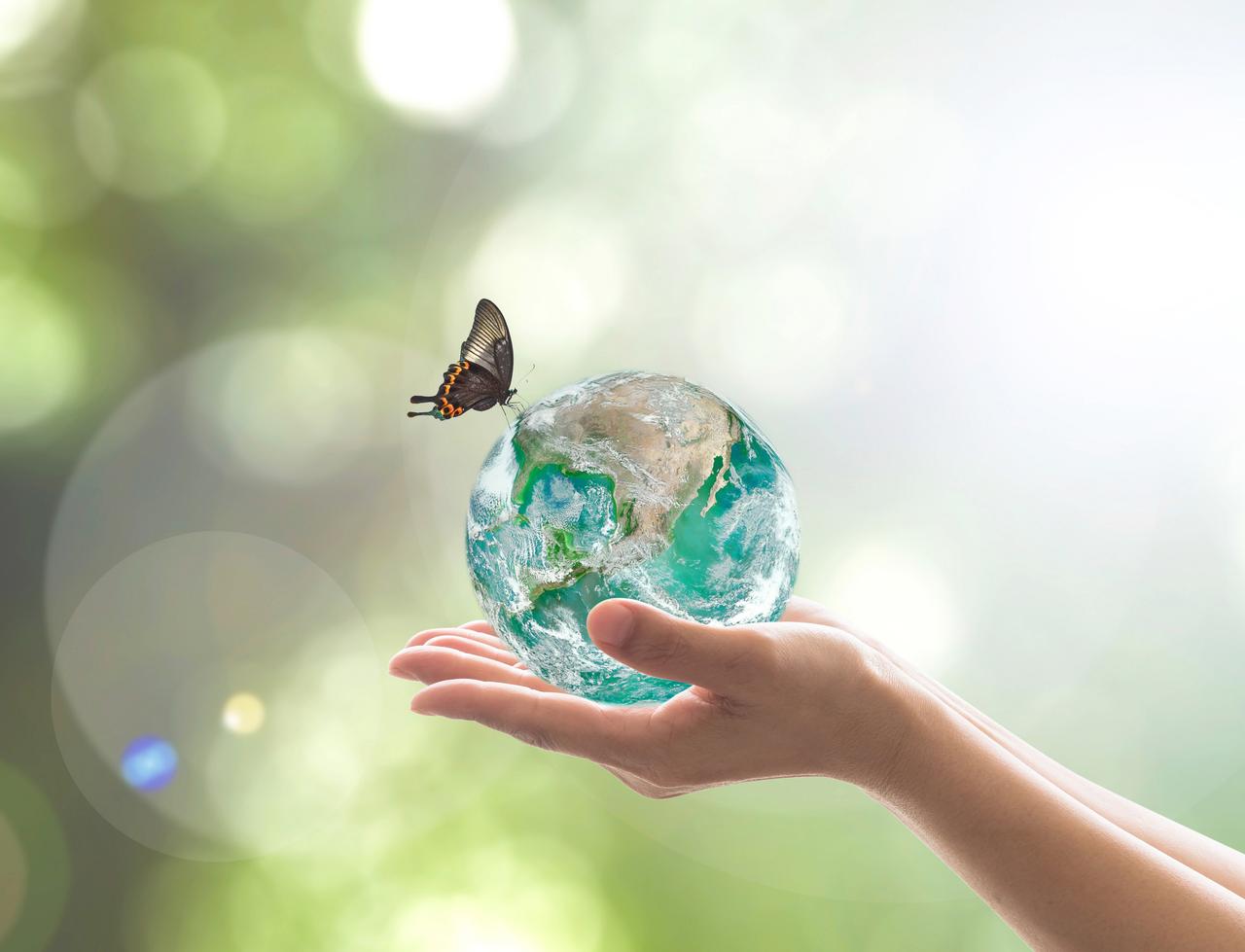 Transparent Planet Earth in hands symbolizing sustainability and environmental care at Telefónica.