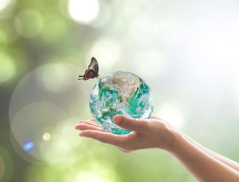 Transparent Planet Earth in hands symbolizing sustainability and environmental care at Telefónica.
