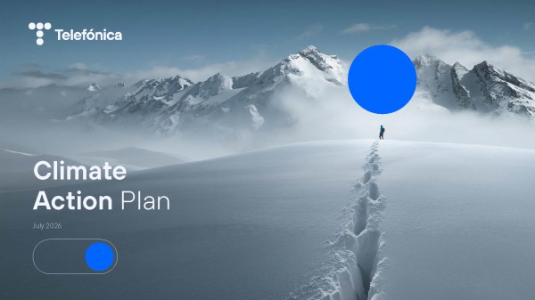 Cover of Telefónica's Climate Action Plan with a person walking on snow towards a range of snow-capped mountains and a large blue circle over the landscape. The visible text reads "Telefónica". "Climate Action Plan". "July 2026".