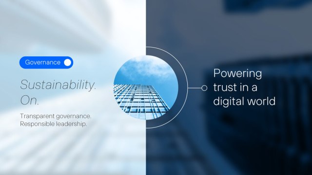 Cover of the Governance section of Telefónica's Sustainability Plan. The text reads "Governance", "Sustainability. On" and "Powering trust in a digital world".
