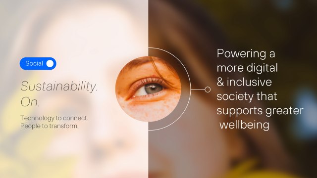 Cover of the Social section of Telefónica's Sustainability Plan. The text reads "Social", "Sustainability. On" and "Powering a more digital & inclusive society that supports greater wellbeing".
