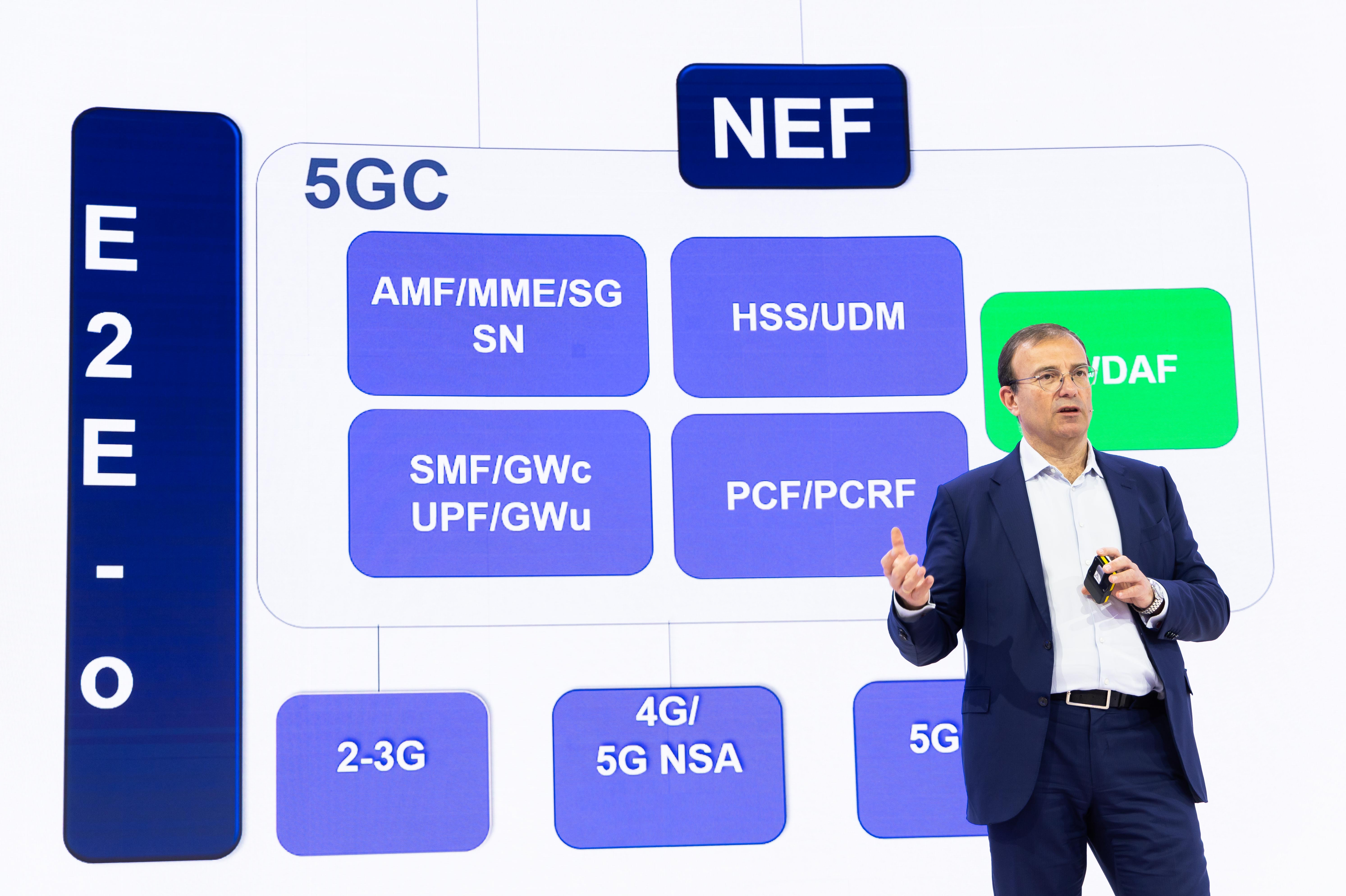 Cayetano Carbajo, director Core, Transport, Innovation and Ecosystem en Telefónica, muestra los planes NWDAF y los casos de uso que se pondrán en marcha en 2025 para impulsar la eficiencia operativa y la monetización a través de Open Gateway, en la sesión celebrada en el Ágora del stand de Telefónica en el MWC 2025.