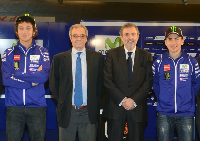 Foto 5 de 5.  Valentino Rossi, César Alierta, presidente de Telefónica S.A., Luis Miguel Gilpérez, presidente de Telefónica España y Jorge Lorenzo