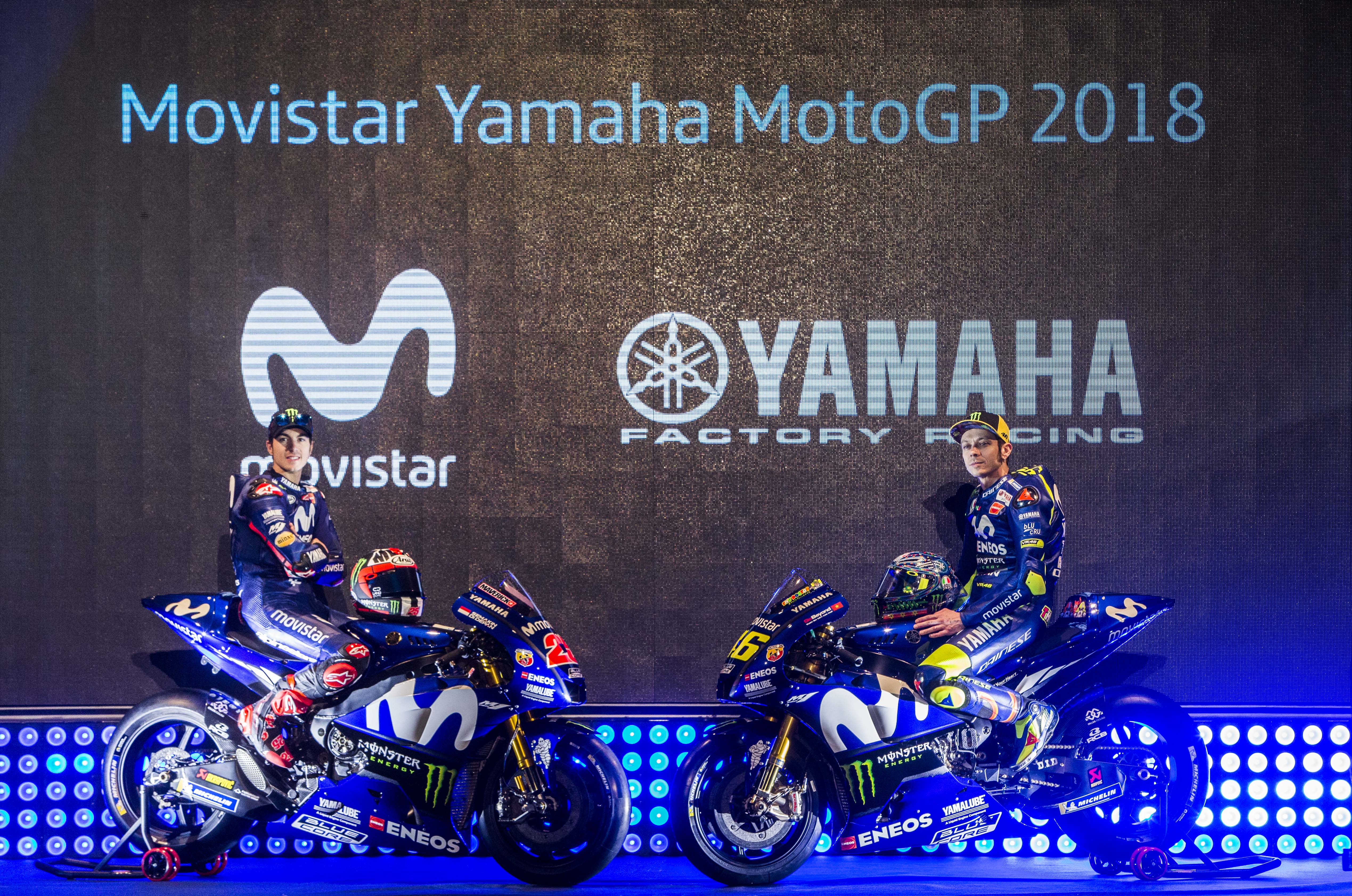 Maverick Viñales and Valentino Rossi, during the presentation Movistar Yamaha MotoGP line-up for the 2018 season