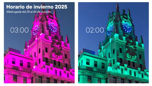 Reloj del Edificio de Gran Vía para mostrar el cambio de hora de la madrugada del 29 al 30 de marzo, cuando a las dos serán las tres.