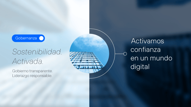 Portada de la sección de Gobernanza del Plan de Sostenibilidad de Telefónica. El texto dice "Gobernanza" "Sostenibilidad. Activada" y "Activamos confianza en un mundo digital".