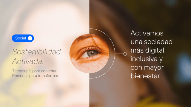 Portada de la sección Social del Plan de Sostenibilidad de Telefónica. El texto dice "Social" "Sostenibilidad. Activada" y "Activamos una sociedad más digital, inclusiva y con mayor bienestar".